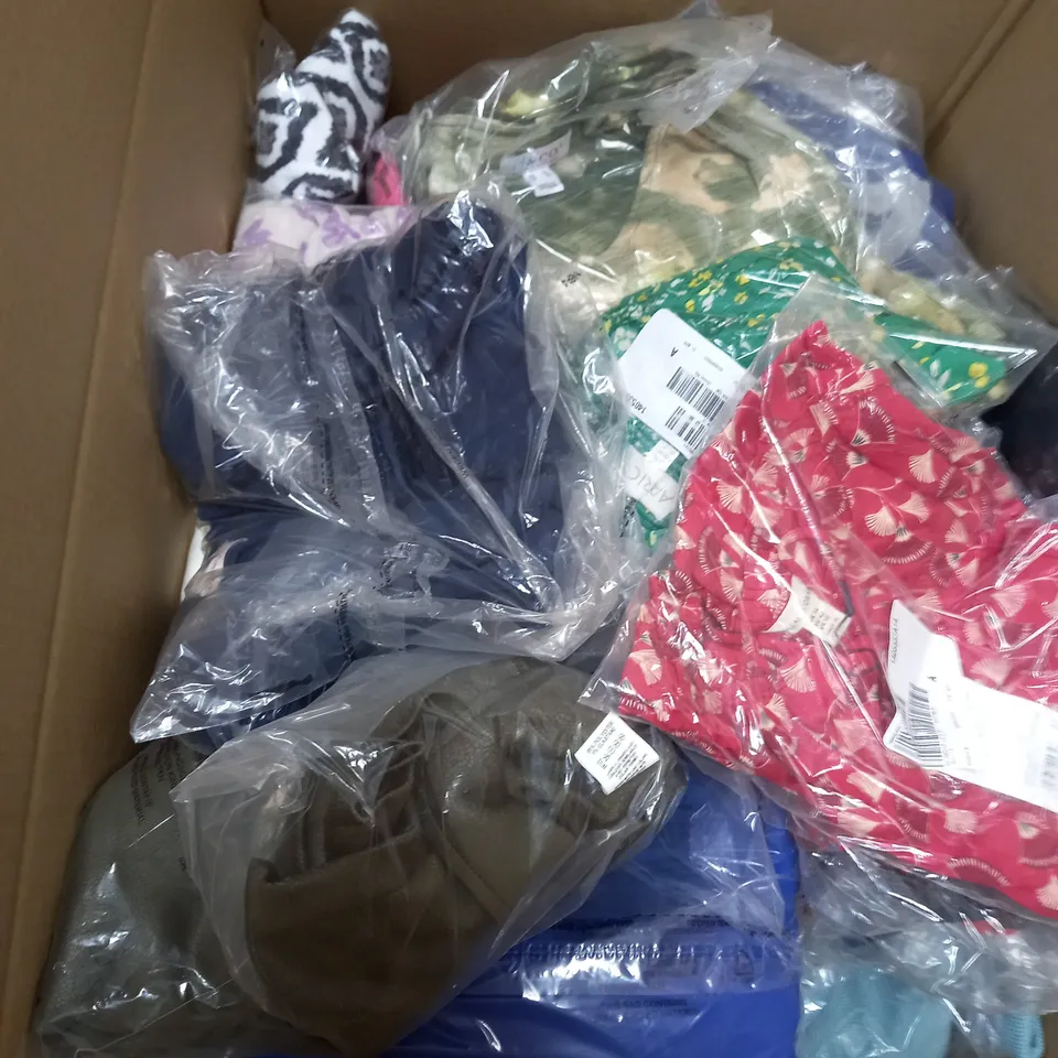BOX OF APPROXIMATELY 20 ASSORTED CLOTHING ITEMS TO INCLUDE JACKETS, TOPS, PANTS ETC