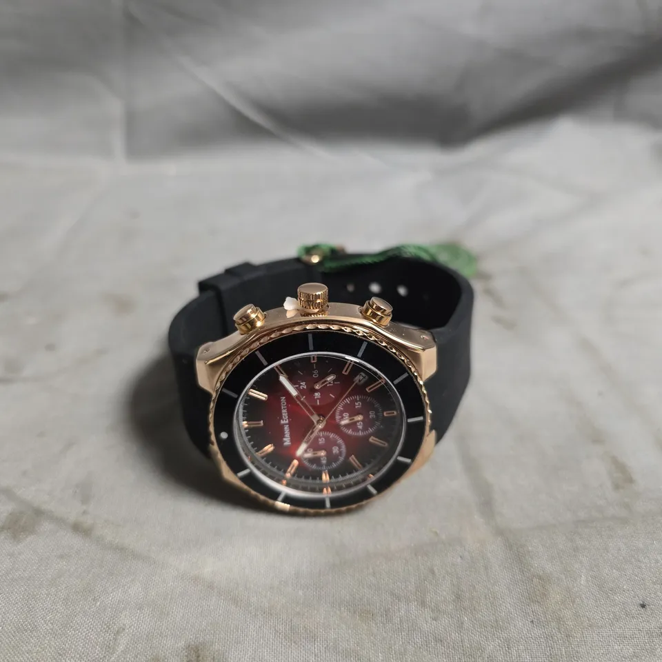 MANN EGERTON ASTRO ROSE RED CHRONOGRAPH WATCH – ROSE GOLD CASE, BLACK BEZEL & STRAP 