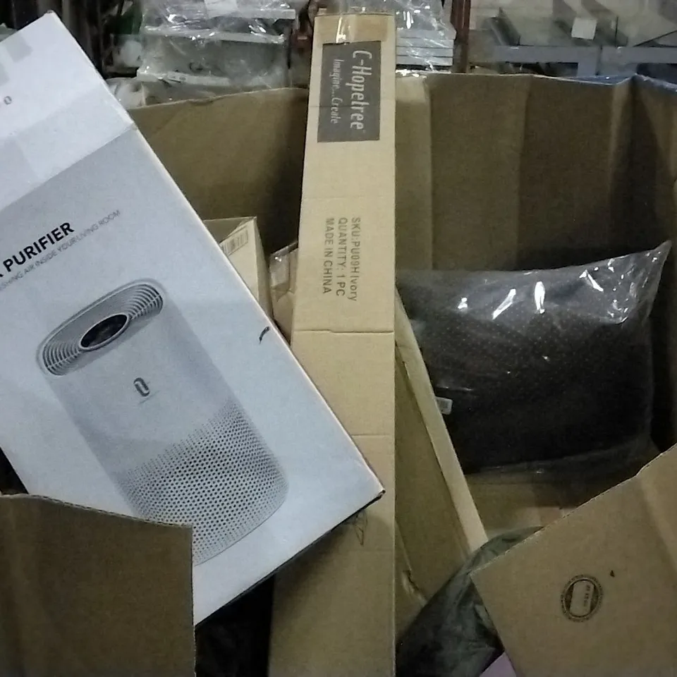 PALLET OF ASSORTED ITEMS INCLUDING A GARDEN UMBRELLA,  AIR PURIFIER,  WOODEN HANGERS , YOGA MAT 