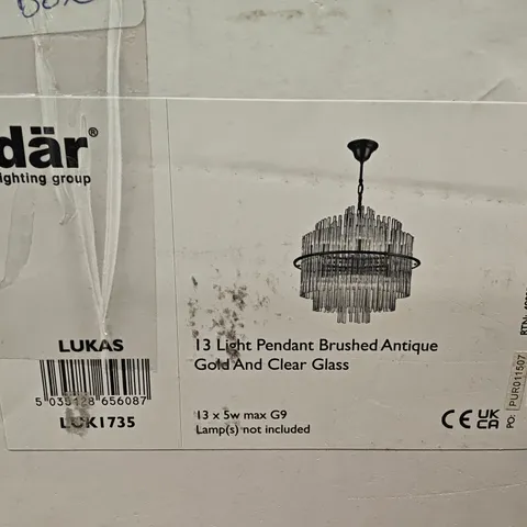 BOXED DAR LUKAS 13-LIGHT PENDANT LIGHT IN BRUSHED ANTIQUE GOLD AND CLEAR GLASS