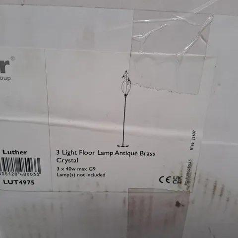 3 LIGHT FLOOR LAMP ANTIQUE BRASS CRYSTAL 