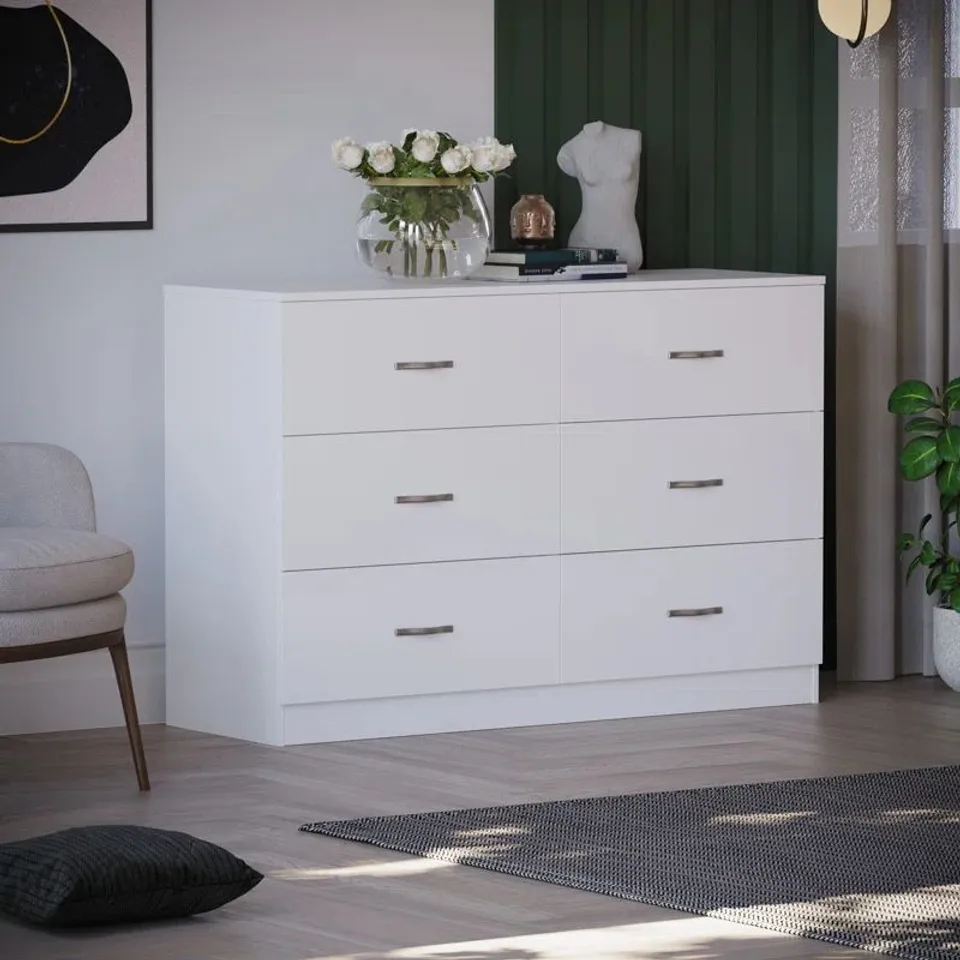 BOXED MAYBERY 6 DRAWER WIDE CHEST OF DRAWERS, BEDROOM DRESSER & STORAGE CABINET - WHITE (2 BOXES)