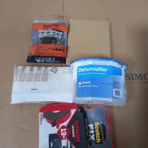 APPROXIMATELY 15 ASSORTED HOUSEHOLD PRODUCTS TO INCLUDE MOUNTING TAPE , SAW CHAIN , DEHUMIDIFIER , ETC  