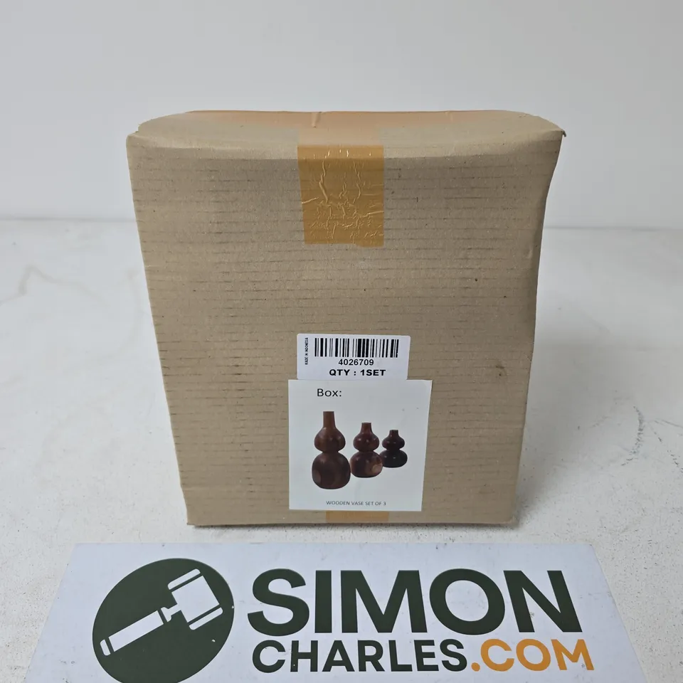 BOXED WOODEN VASE SET OF 3