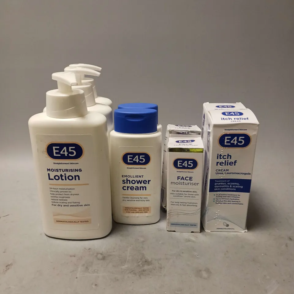 9 ASSORTED E45 HEALTH AND BEAUTY ITEMS TO INCLUDE MOISTERISING LOTION (500ML), EMOLLIENT SHOWER CREAM (200ML), FACE MOISTERISER (50ML) AND ITCH RELIEF CREAM (100G). 