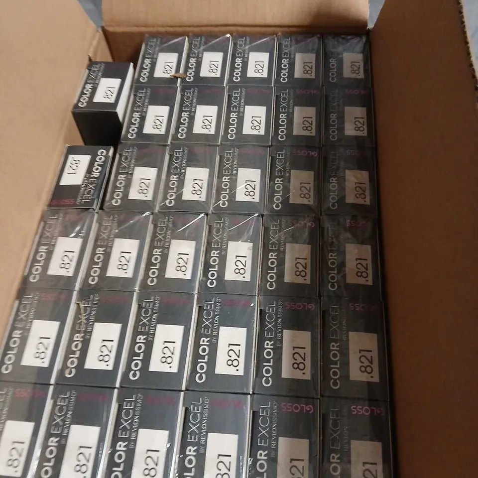 BOX OF APPROXIMATELY 30 REVLON COLOR EXCEL PROFESSIONAL HAIR COLOUR – SHADE 8.21 – 70ML TUBE IN BOX-NO EXPIRY DATE SHOWN 