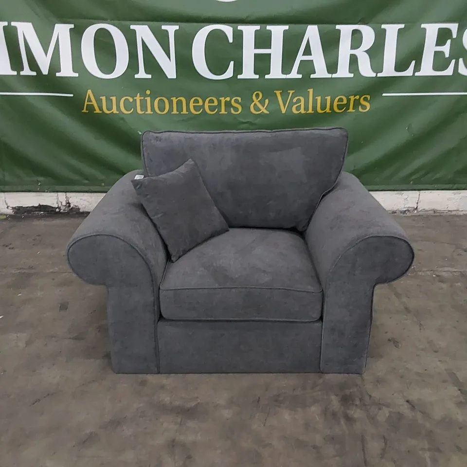 DESIGNER ARMCHAIR UPHOLSTERED IN GREY FABRIC 