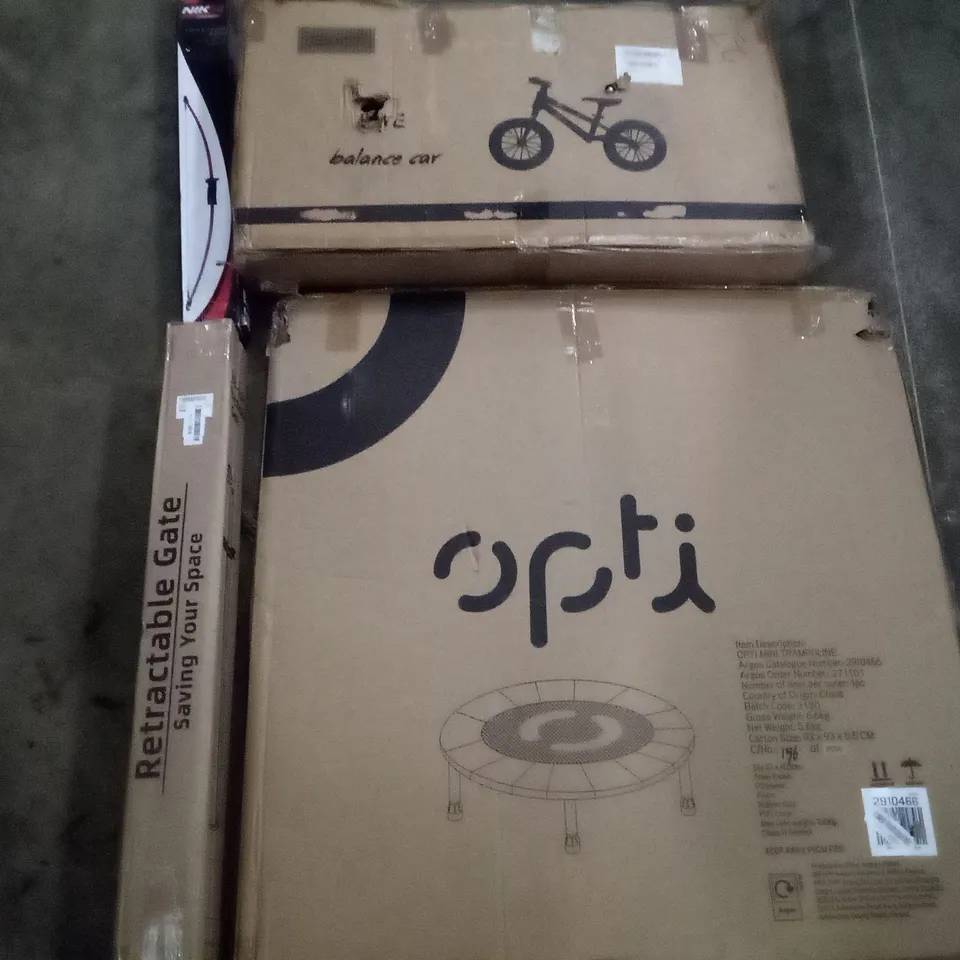 PALLET OF ASSORTED ITEMS INCLUDING BALANCE BIKE, OPTI MINI TRAMPOLINE, RETRACTABLE SAFETY GATE, TAKE DOWN BOW, TV STAND WITH MOUNT