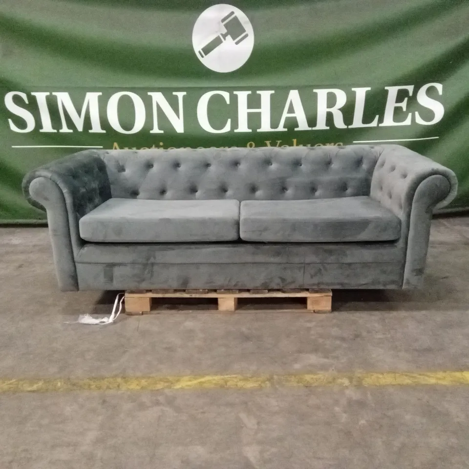 QUALITY DESIGNER 3 SEATER CHESTERFIELD SOFA BED - CHARCOAL VELVET