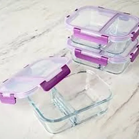 SET OF 3 LOCKNLOCK GLASS FOOD STORAGE CONTAINERS WITH PURPLE LIDS