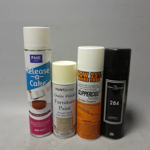 APPROXIMATELY 12 ASSORTED AEROSOLS TO INCLUDE - THE SCENT RESERVE 284 , PME RELEASEA A CAKE , CLIPPERCIDE SPRAY ETC