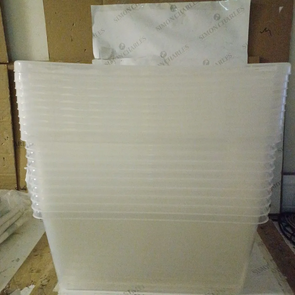 GROUP OF 10 PREMIER PLASTIC STORAGE BOXES WITH LIDS, 45 LITRES, CLEAR