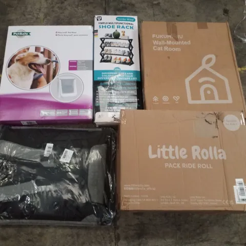 PALLET CONTAINING ASSORTED PRODUCTS INCLUDING PET DOOR, SHOE RACK, WALL MOUNTED CAT ROOM, KIDS SUITCASE & RUCKSACK