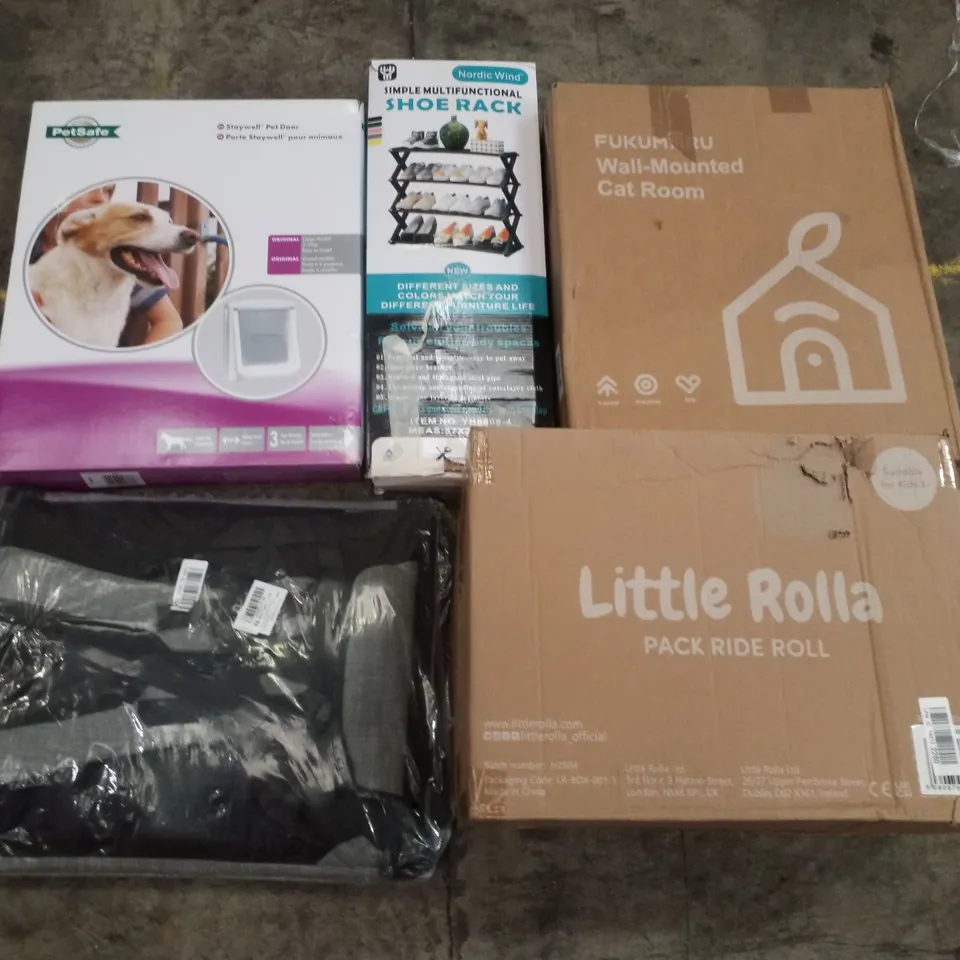 PALLET CONTAINING ASSORTED PRODUCTS INCLUDING PET DOOR, SHOE RACK, WALL MOUNTED CAT ROOM, KIDS SUITCASE & RUCKSACK