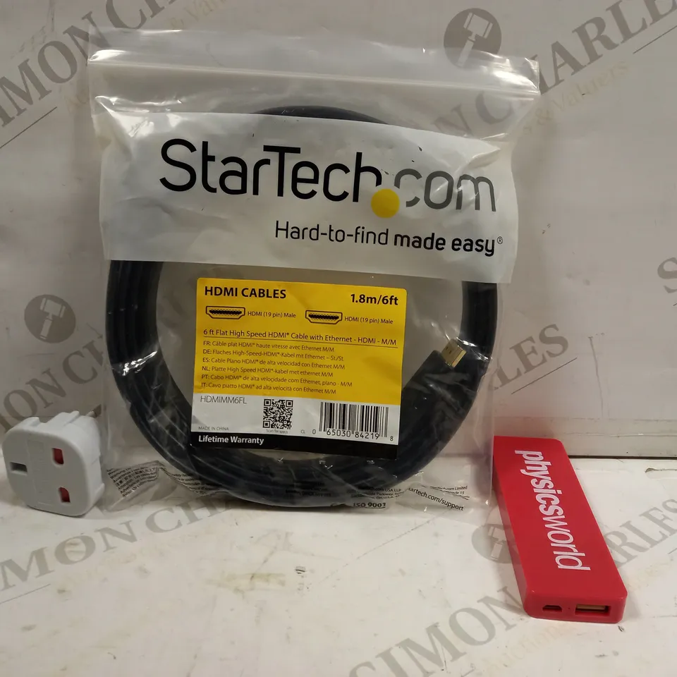 LOT OF APPROXIMATELY 30 CABLES AND ELECTRICALS TO INCLUDE PHYSICS WORLD PRINTED POWER BANK, STARTECH.COM HDMI CABLES, TRAVEL ADAPTER (EUROPEAN TO UK), ETC