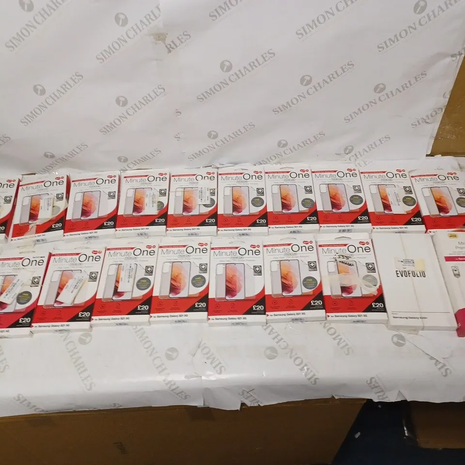 LOT OF APPROXIMATELY 25 MINUTE ONE SCREEN PROTECTOR KITS TO INCLUDE SAMSUNG GALAXY S21 5G, SAMSUNG GALAXY S22+, AND SAMSUNG GALAXY S20 ULTRA ETC.