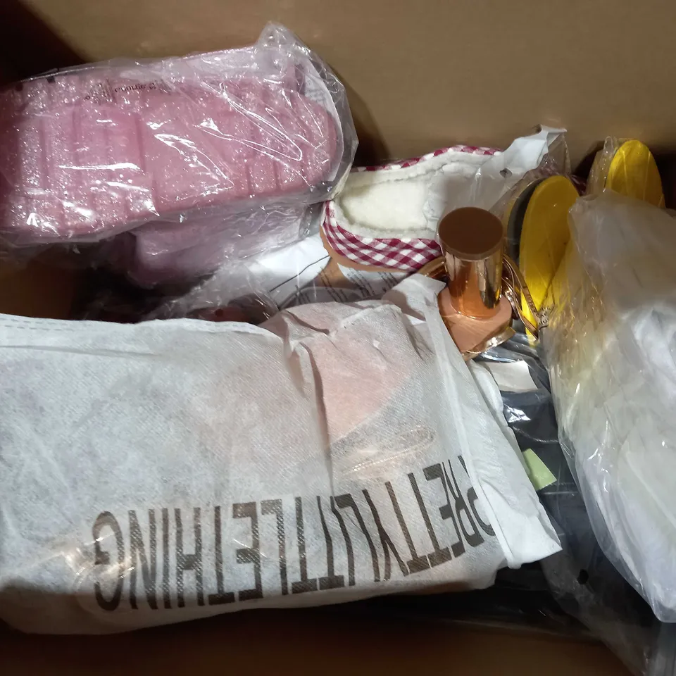 BOX OF APPROXIMATELY 10 ASSORTED PAIRS OF SHOES AND FOOTWEAR ITEMS IN VARIOUS STYLES AND SIZES TO INCLUDE GUMBLES, NEXT, ISODRY