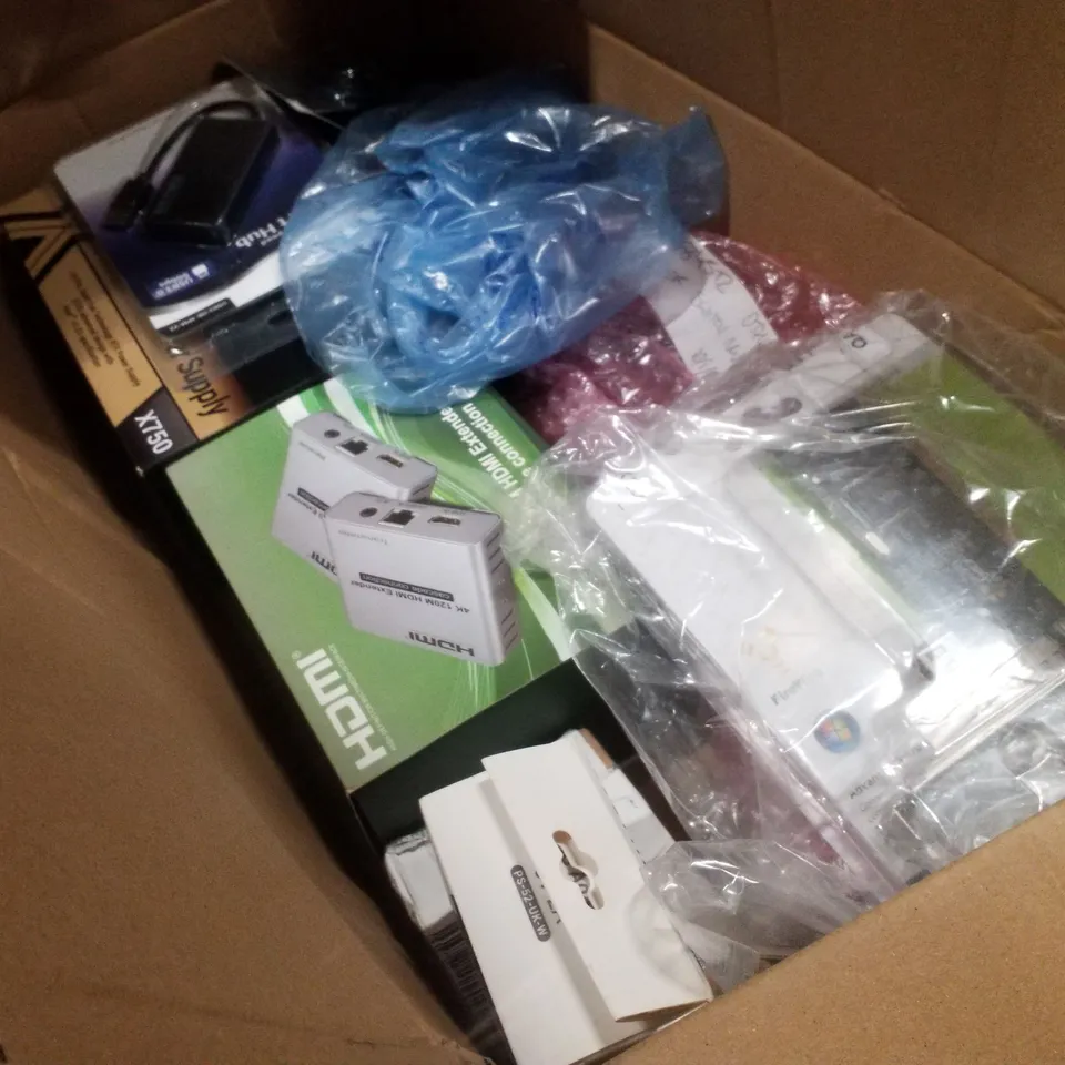 PALLET CONTAINING ASSORTED TECH & NETWORKING PRODUCTS INCLUDING 300MM DEEP WALL CABINETS, PC POWER SUPPLIES, HDMI EXTENDER CASCADE CONNECTION, ROUTER & 7 PORT USB HUB