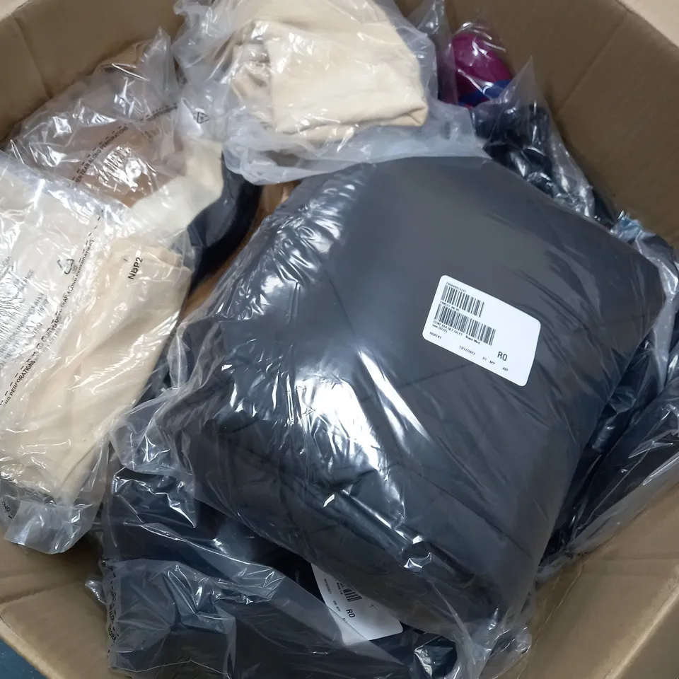 BOX OF ASSORTED CLOTHING ITEMS TOO INCLUDE TOPS , JUMPERS, AND PANTS ETC. 