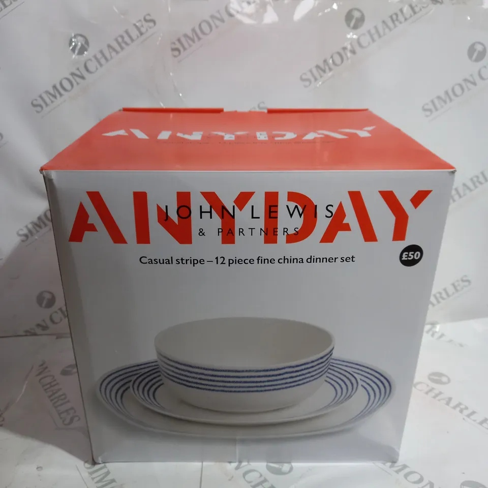 BOXED JOHN LEWIS CASUAL STRIPE 12 PIECE FINE CHINA DINNER SET 
