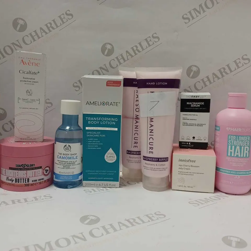 LOT OF APPROX 10 ASSORTED BEAUTY PRODUCTS TO INCLUDE SOAP&GLORY BODY BUTTER, HAIRBURST SHAMPOO, INNISFREE JEJU CHERRY BLOSSON JELLY CREAM, ETC 