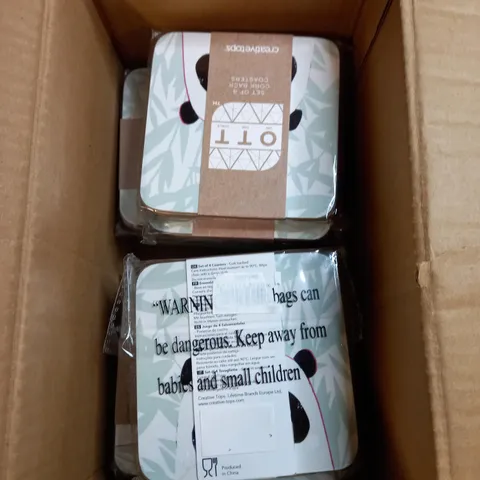 BOX OF APPROXIMATELY 15 PACKS OF CREATIVE TOPS CORK BACKED COASTERS IN ASSORTED DESIGNS