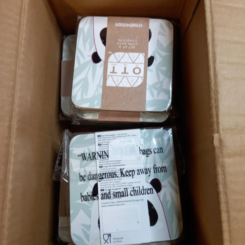 BOX OF APPROXIMATELY 15 PACKS OF CREATIVE TOPS CORK BACKED COASTERS IN ASSORTED DESIGNS 