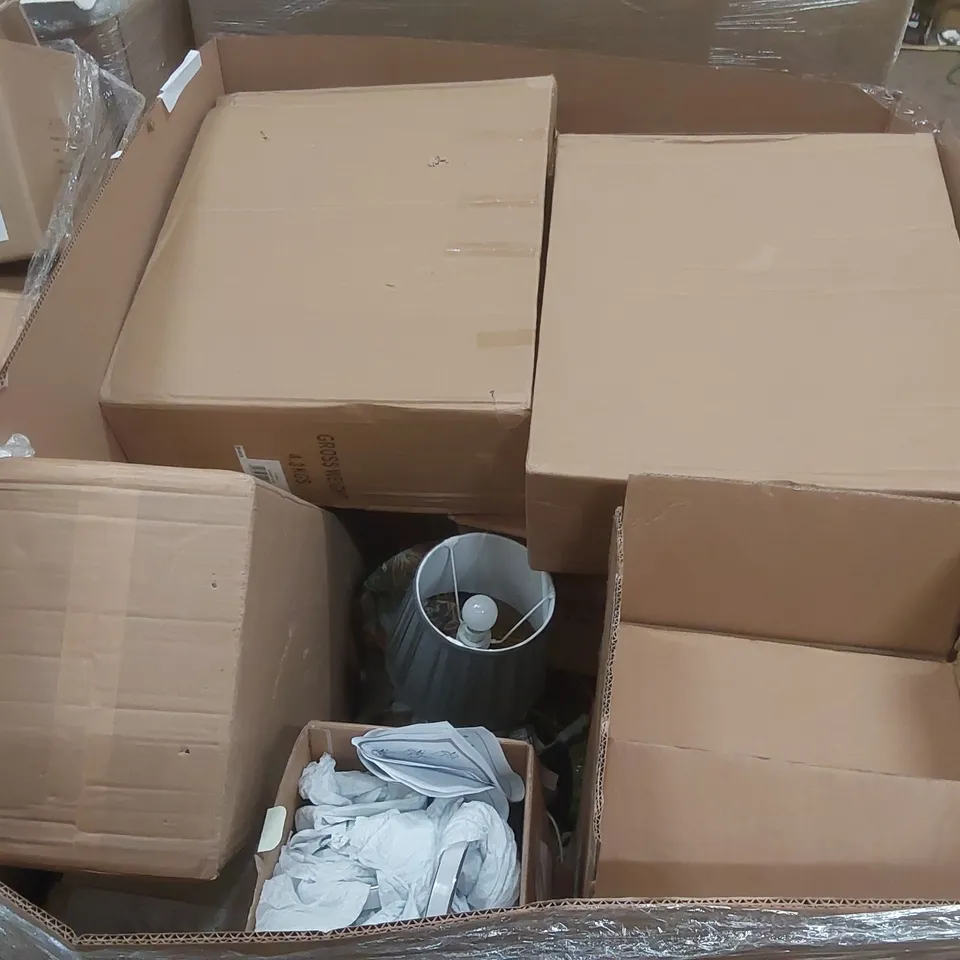 PALLET TO CONTAIN A VERY LARGE QUANTITY OF DESIGNER INDOOR LIGHTING PRODUCTS TO INCLUDE: TABLE LIGHTS, CEILING LIGHTS, WALL LIGHTS ECT