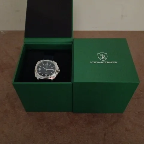 BOXED SCHWARTZBAUER QUARTZ WRISTWATCH β STAINLESS STEEL CASE, NAVY BLUE DIAL & LEATHER STRAP