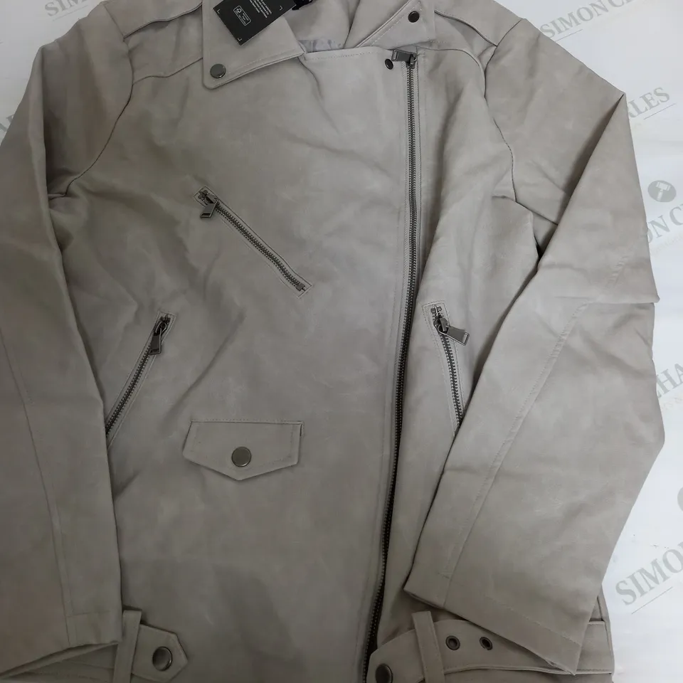 SIMPLY BE. PU BIKER JACKET IN GREY - SIZE 12