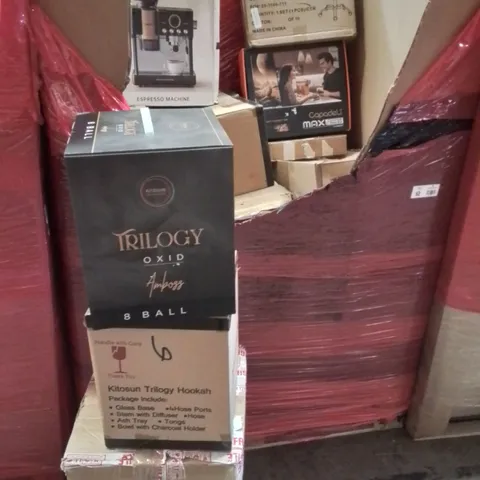 PALLET CONTAINING VARIOUS ASSORTED BOXED HOUSEHOLD ITEMS TO INCLUDE: TRILOGY OXID 8 BALL SHISHA SETS, ESPRESSO MACHINES, BUG ZAPPER AND LOTS MORE UNMARKED BOXED ITEMS 