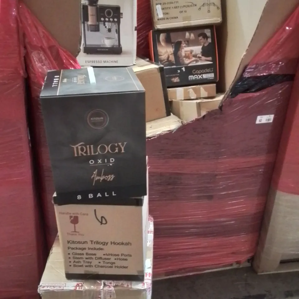 PALLET CONTAINING VARIOUS ASSORTED BOXED HOUSEHOLD ITEMS TO INCLUDE: TRILOGY OXID 8 BALL SHISHA SETS, ESPRESSO MACHINES, BUG ZAPPER AND LOTS MORE UNMARKED BOXED ITEMS 
