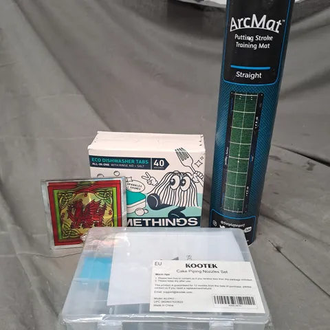 APPROXIMATELY 15 ASSORTED HOUSEHOLD PRODUCTS TO INCLUDE DISHWASHER TABLETS, WELSH DRAGON COASTER AND CAKE PIPING NOZZLE SET