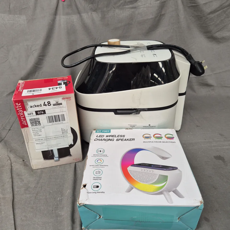 BOX OF APPROXIMATELY 3 ASSORTED ITEMS TO INCLUDE SPEAKER, AIR FRYER AND AEROLATTE FRENCH PRESS