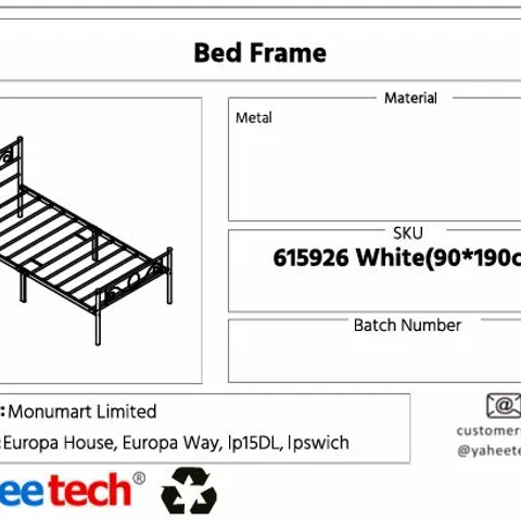 BOXED YAHEETECH 90CM SINGLE BED FRAME IN WHITE 