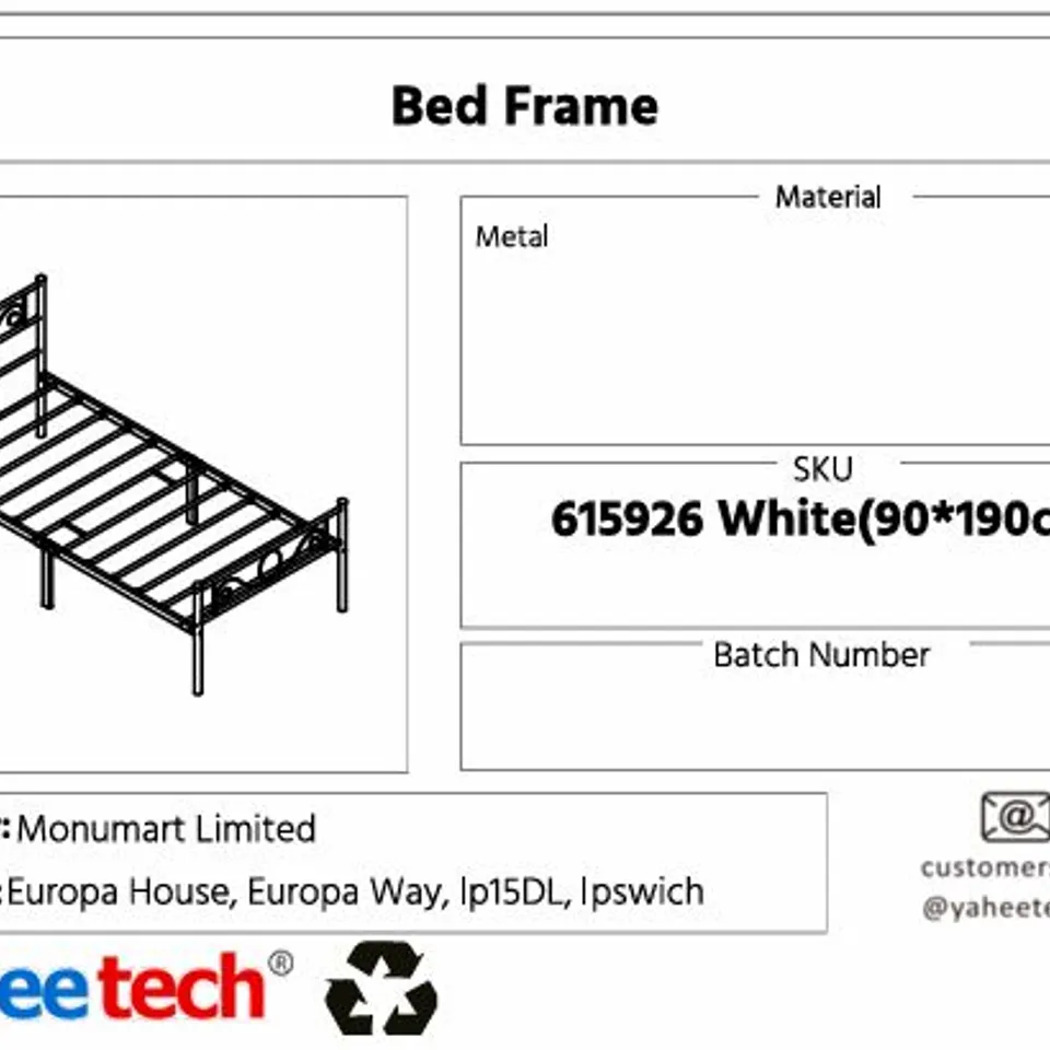 BOXED YAHEETECH 90CM SINGLE BED FRAME IN WHITE 