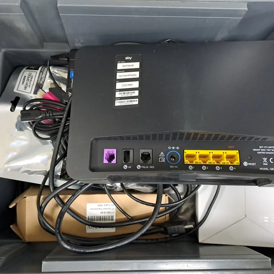 APPROXIMATELY 12 ASSORTED HOUSEHOLD ITEMS TO INCLUDE WALKIE TALKIE, SKY ROUTER, HDMI CABLE, ETC