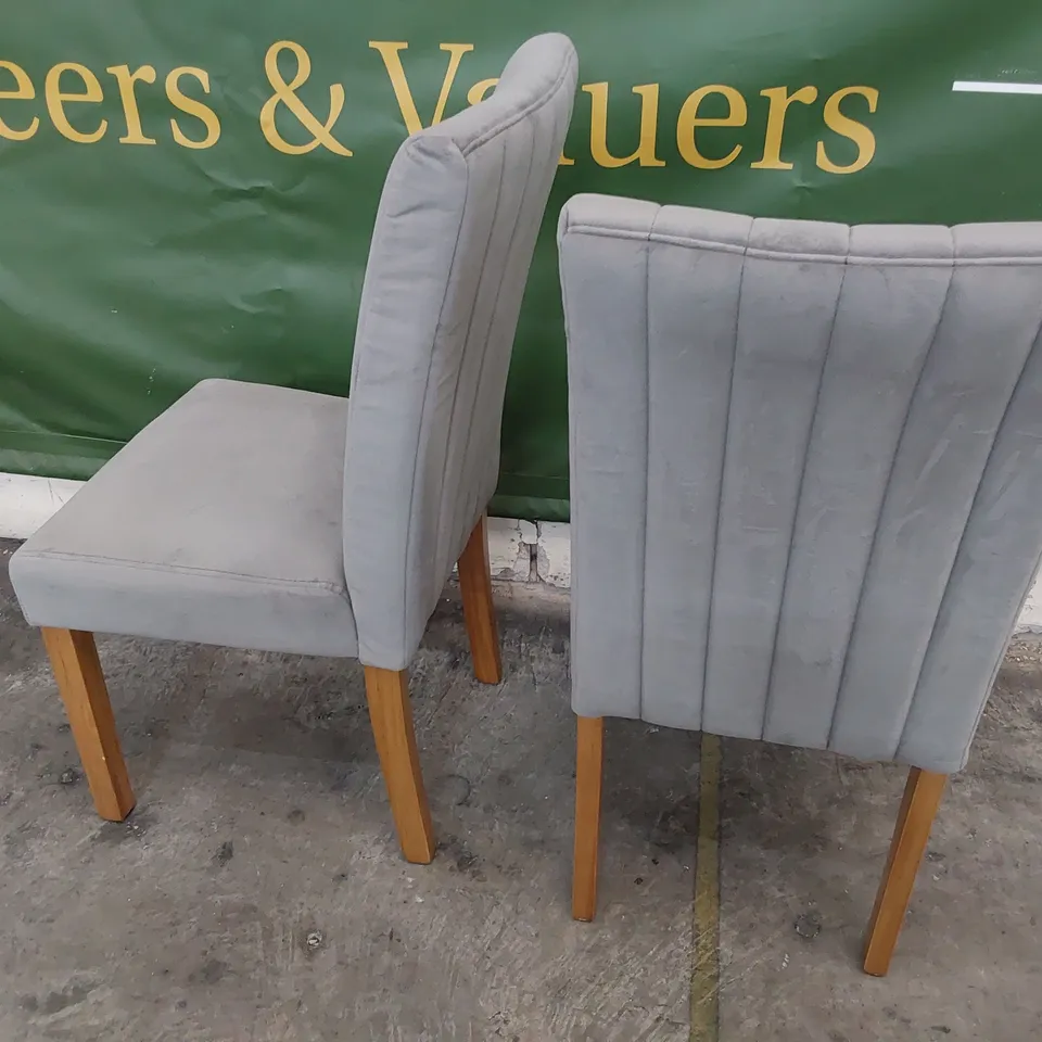 PAIR UPHOLSTERED DINING CHAIRS PLUSH GREY FABRIC ON NATURAL WOOD LEGS 