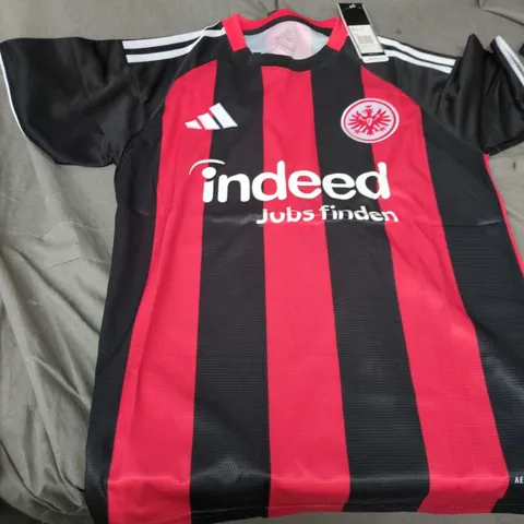 ADIDAS FOOTBALL JERSEY – BLACK & RED STRIPES WITH INDEED SPONSOR, MEN'S MEDIUM
