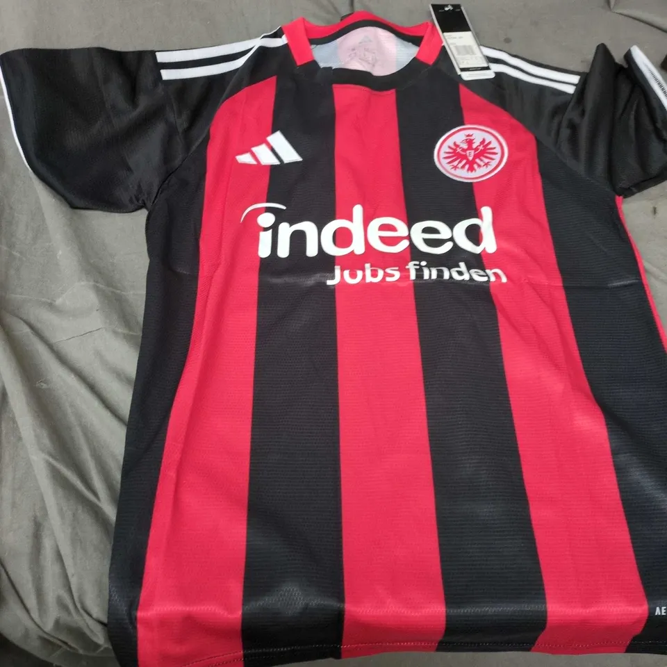 ADIDAS FOOTBALL JERSEY – BLACK & RED STRIPES WITH INDEED SPONSOR, MEN'S MEDIUM