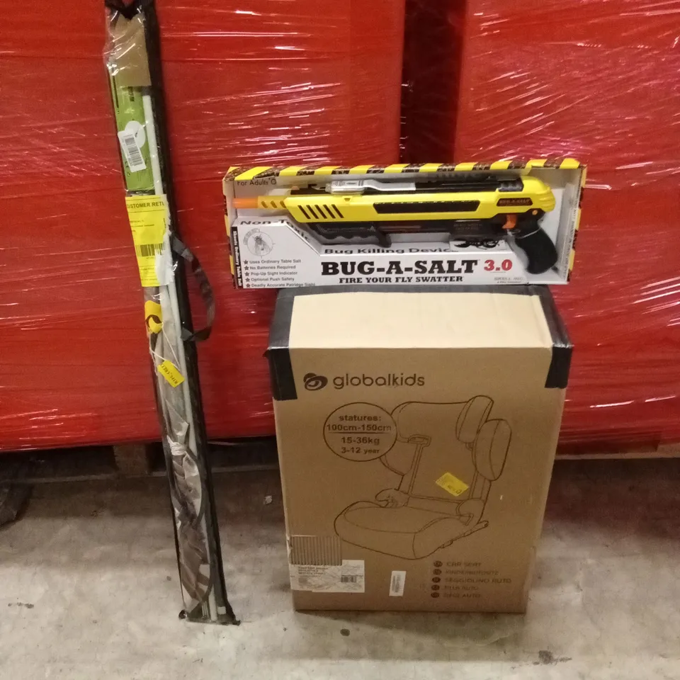 PALLET OF ASSORTED HOUSEHOLD GOODS AND PRODUCTS TO INCLUDE; KIDS CAR SEAT, FIRE FLY-SWATTER, FISHING ACCESSORIES ETC
