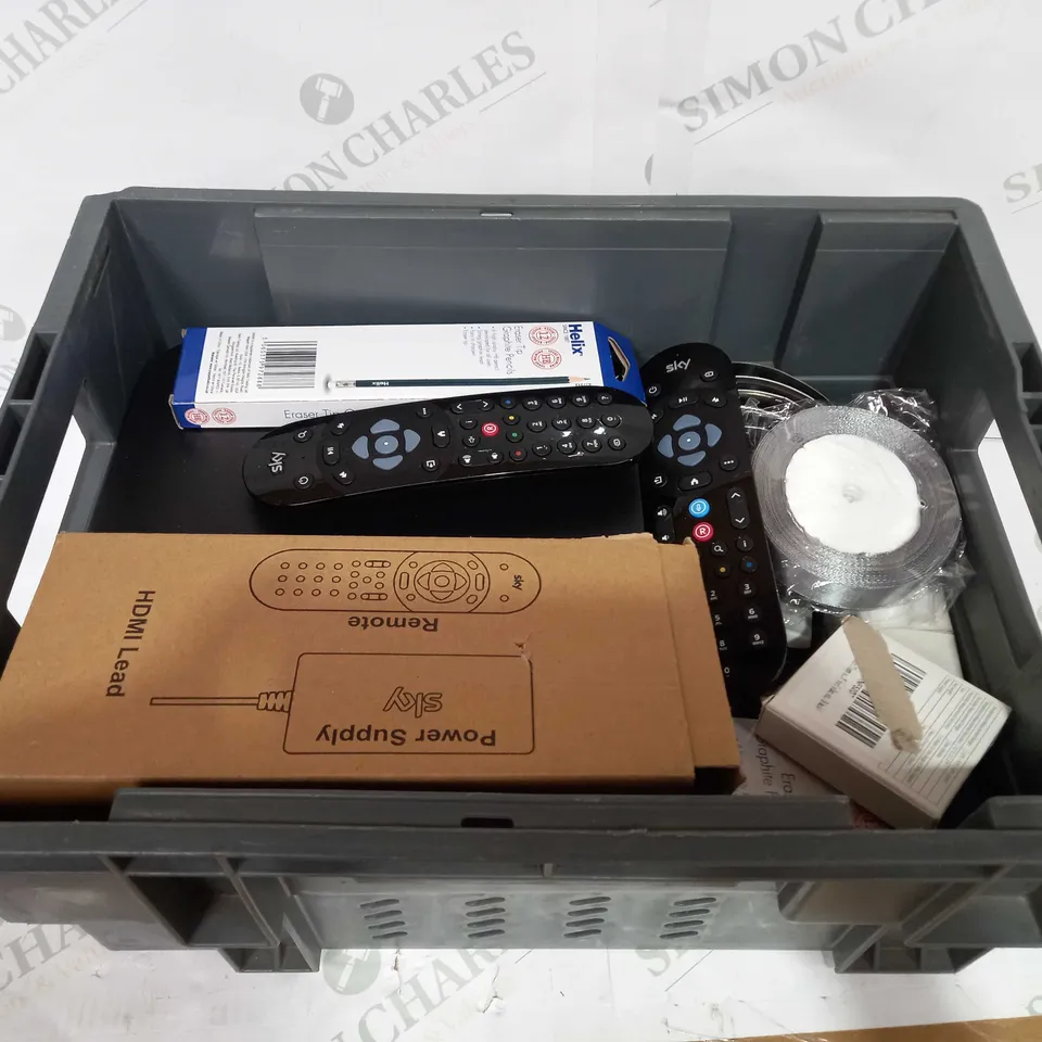 BOX TO CONTAIN APPROX 20 X ASSORTED HOUSEHOLD PRODUCTS, INCLUDES SKY BOX WITH SEVERAL REMOTES, HELIX PENCILS, SELFIE STICK ETC