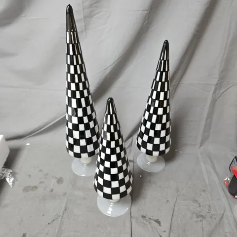 SET OF 3 GLASS CONE SCULPTURES – BLACK & WHITE CHECKER PATTERN