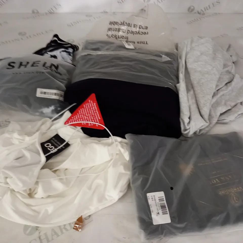  BOX OF ASSORTED CLOTHING ITEMS TOO INCLUDE DRESSES , SHIRTS AND TROUSERS IN VARIOUS SIZES AND COLOURS   