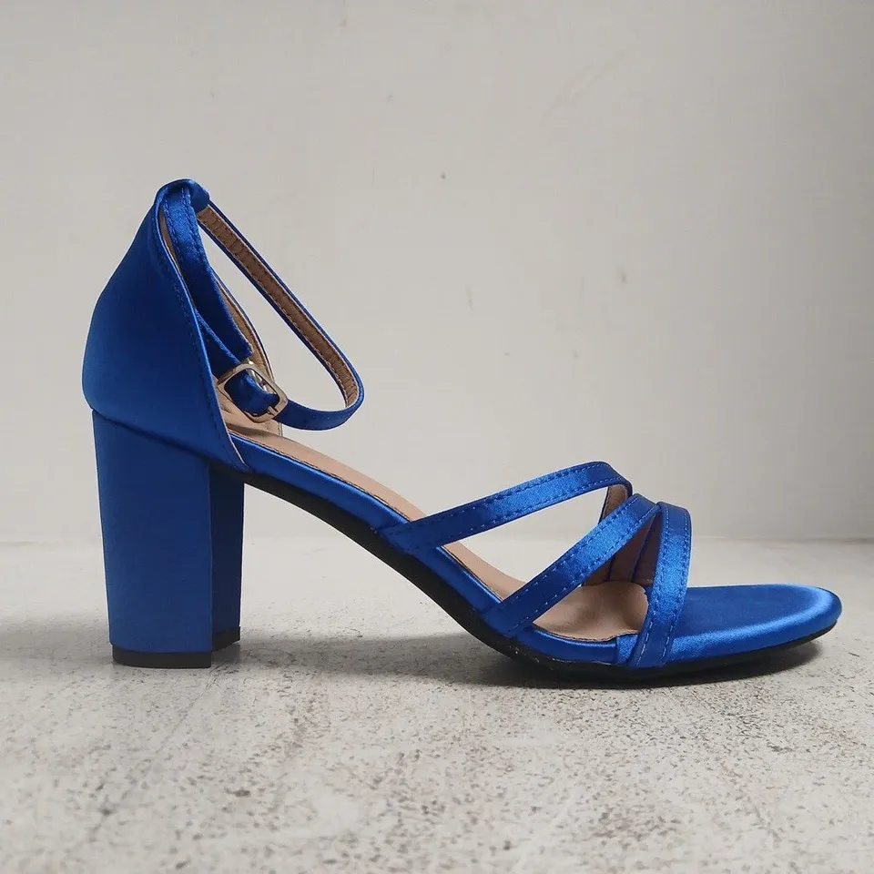BOXED PAIR OF UNBRANDED OPEN TOE BLOCK HEELS IN SAPPHIRE BLUE SIZE EU 40