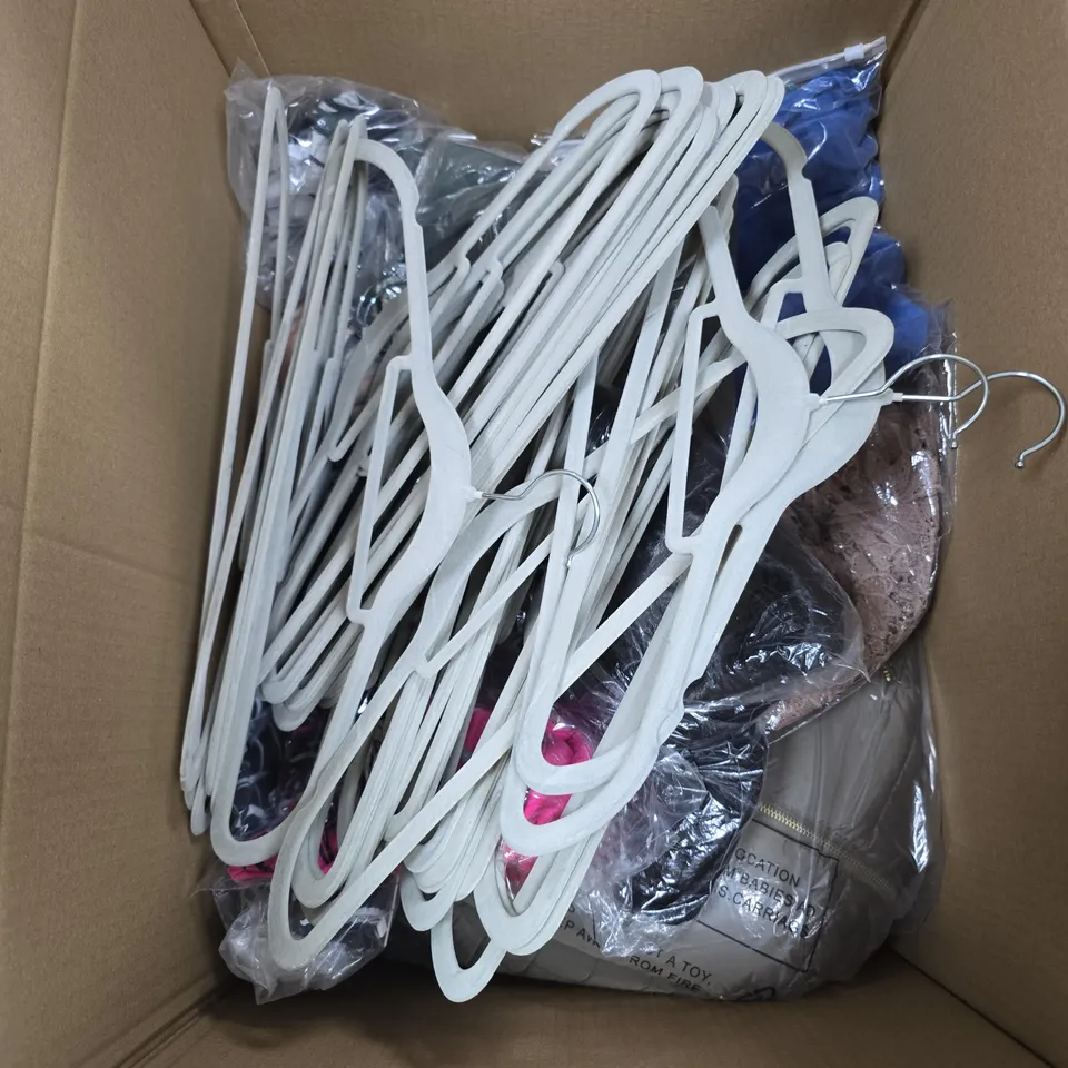 BOX OF APPROXIMATELY 50 ASSORTED ITEMS TO INCLUDE SUGAR CRISP, CHARLOTTE WEST, CLOTHES HANGERS ETC