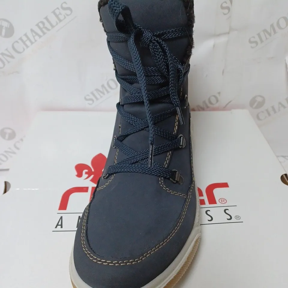 BOXED RIEKER WATER RESISTANT WARM HIKER BOOTS, NAVY - SIZE 7.5