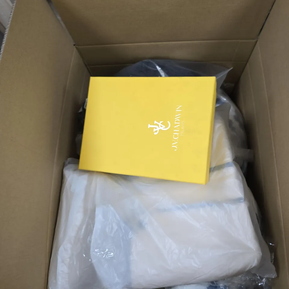 BOX OF APPROXIMATELY 15 ASSORTED ITMES INCLUDING J.V.CHADWIN BLUE CLUTCH BAG, A CREAM COLOURED HANDBAG AND TAMSY BLUE AND WHITE FLOWERED FLUFFY CARDIGAN