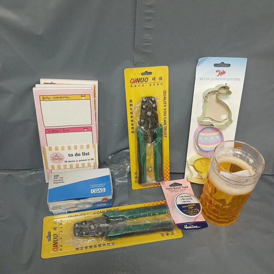 APPROXIMATELY 15 ASSORTED HOUSEHOLD ITEMS TO INCLUDE EASTER CUTTERS, STRIPPING PLIERS, CGAS LOW PRESSURE REGULATOR, ETC