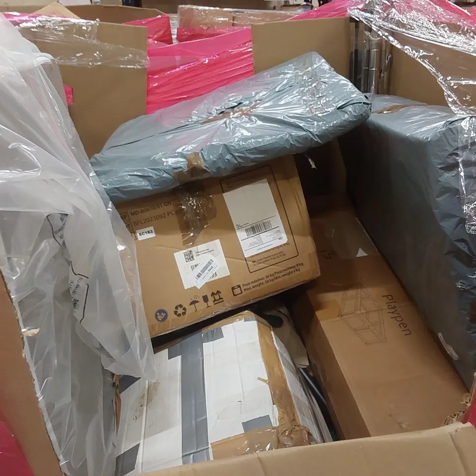 PALLET OF ASSORTED HOUSEHOLD ITEMS AND CONSUMER PRODUCTS TO INCLUDE; MATTRESS, PLAYPEN, BOXED FURNITURE ETC 